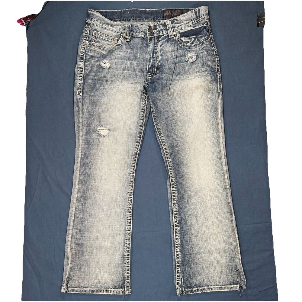 T.K. AXEL Wolcott Vintage Boot Jeans Mens 38x32 Blue Denim Distressed Bootcut